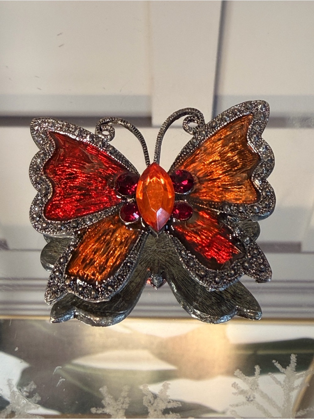 Vintage Red & Orange Crystal Butterfly Brooch